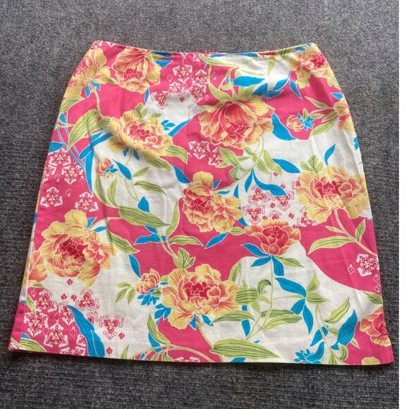 Carolina Blues‎ Skirt Womens 12 Orange Pink Floral Stretch Tropical Pencil Beach - Picture 1 of 10